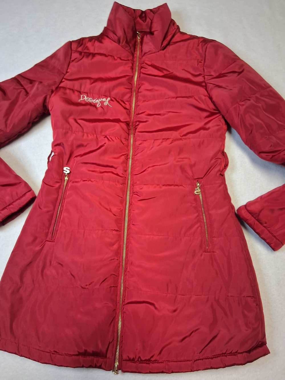 Desigual Red Quilted Long Puffer Coat with Gold Zippers - Picture 3 of 8